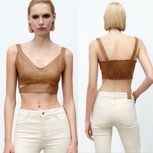 Zara leatherette cutout crop top bralette faux leather brown S